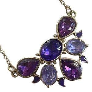 NRT Vintage Purple Glass Signed Statement Necklace – Gold Tone Chain – Elegant